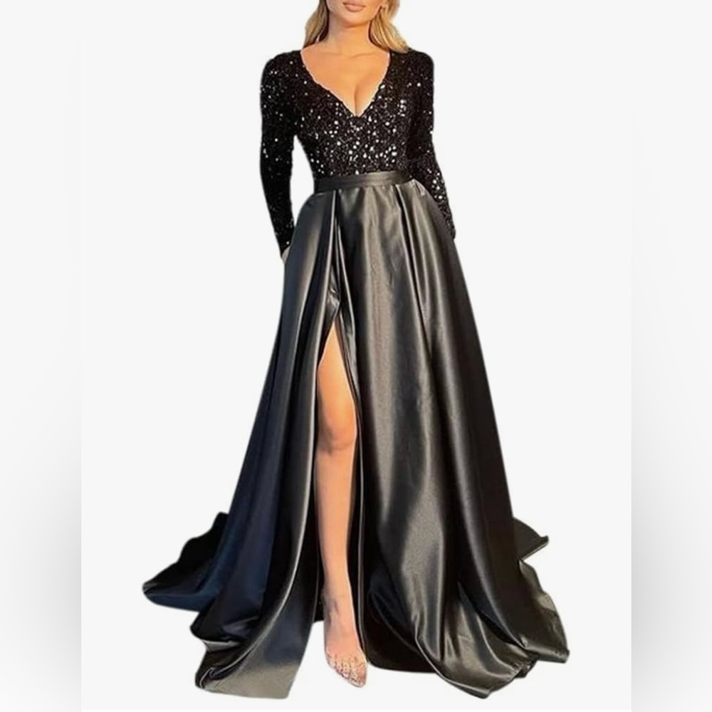Black Satin and Sequins Evening Gown
